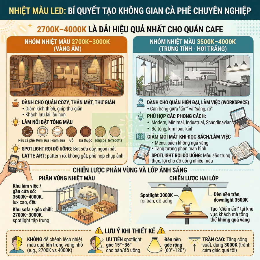 Infographic hướng dẫn chọn nhiệt màu đèn LED 2700K 4000K để thiết kế ánh sáng quán cafe chuyên nghiệp